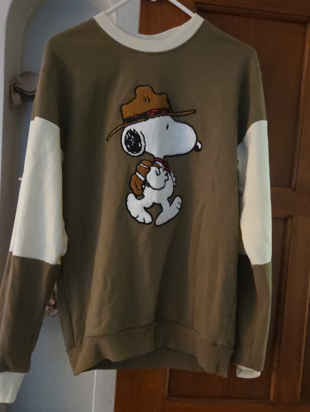 Peanuts Olive and Cream Snoopy Embroidered Crewneck Sweater